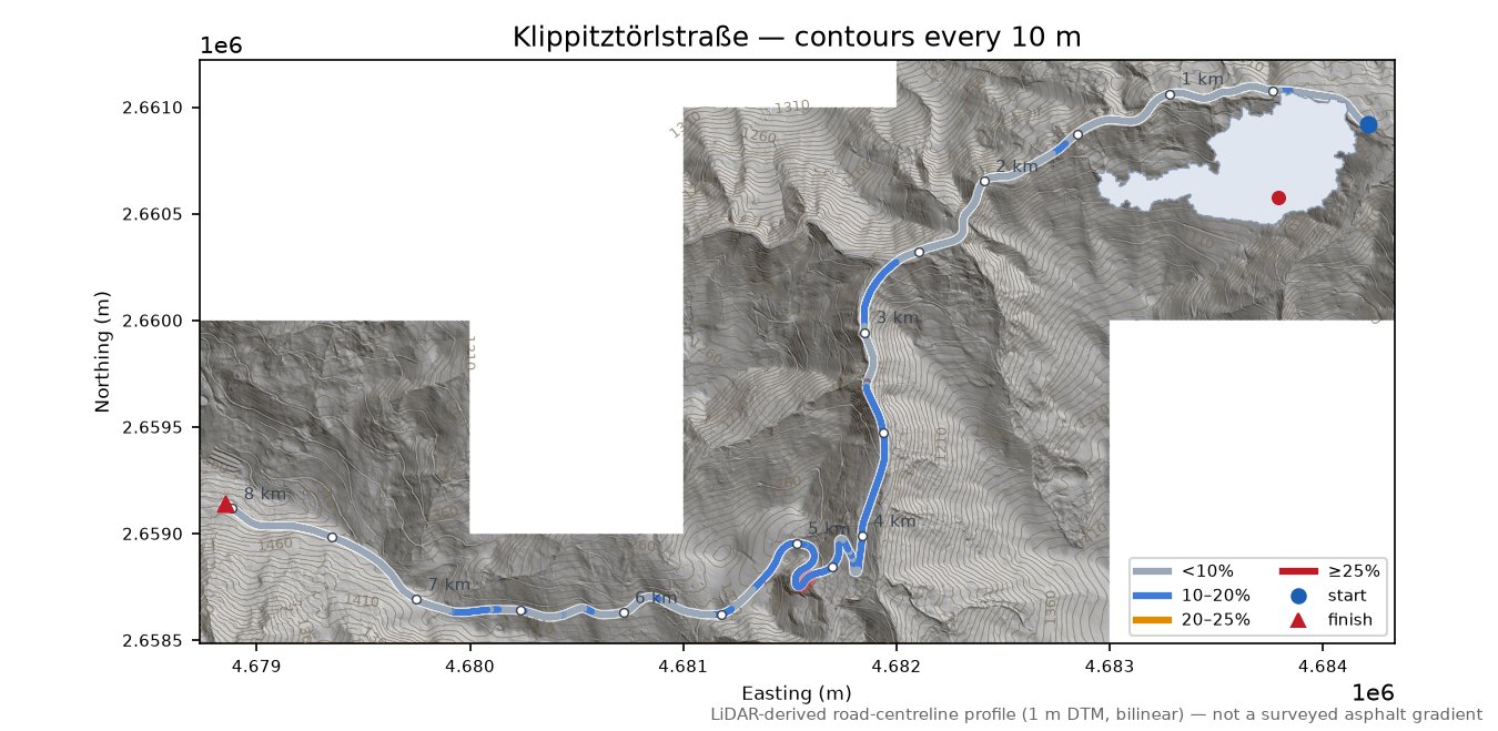 Klippitztörlstraße LiDAR hillshade map with contours
