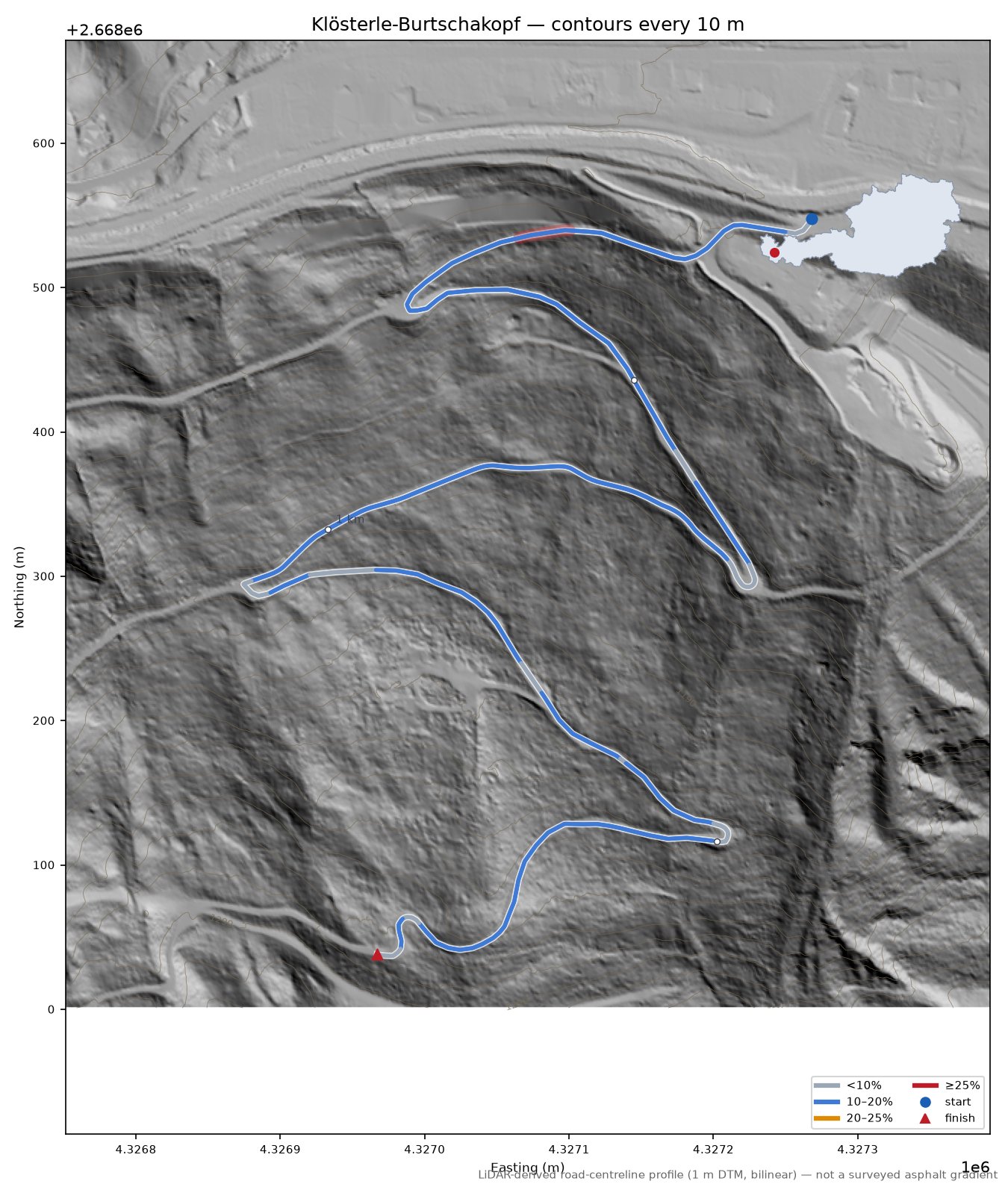 Klösterle-Burtschakopf LiDAR hillshade map with contours