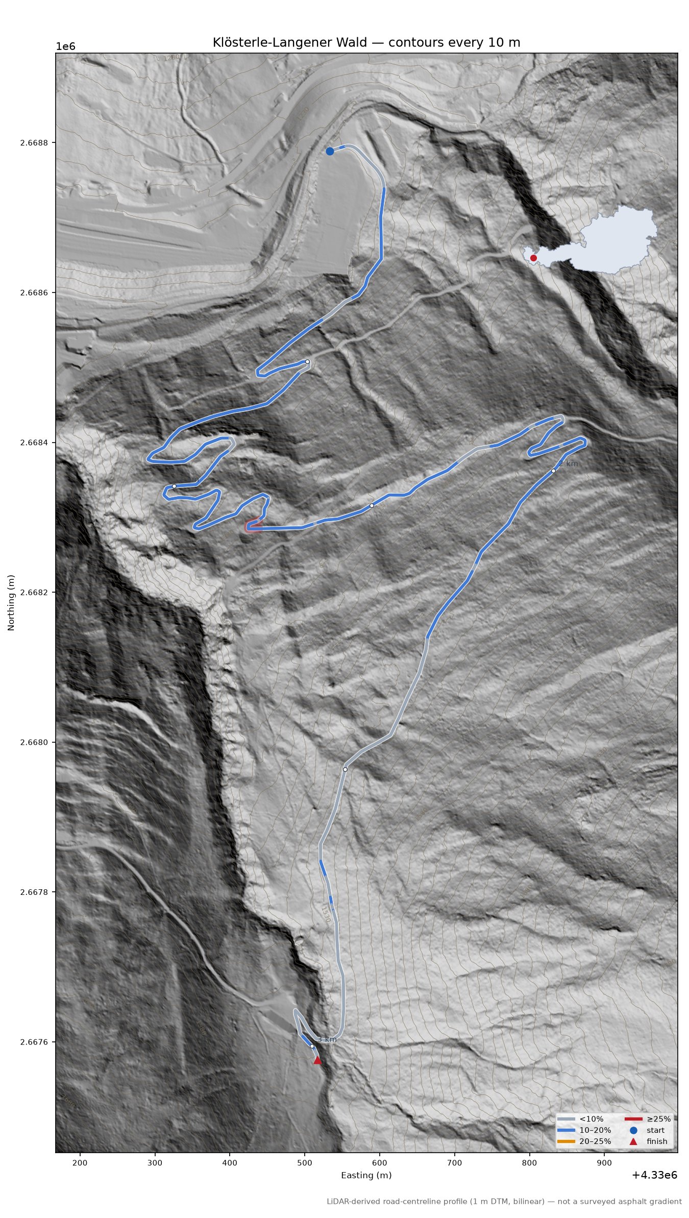 Klösterle-Langener Wald LiDAR hillshade map with contours
