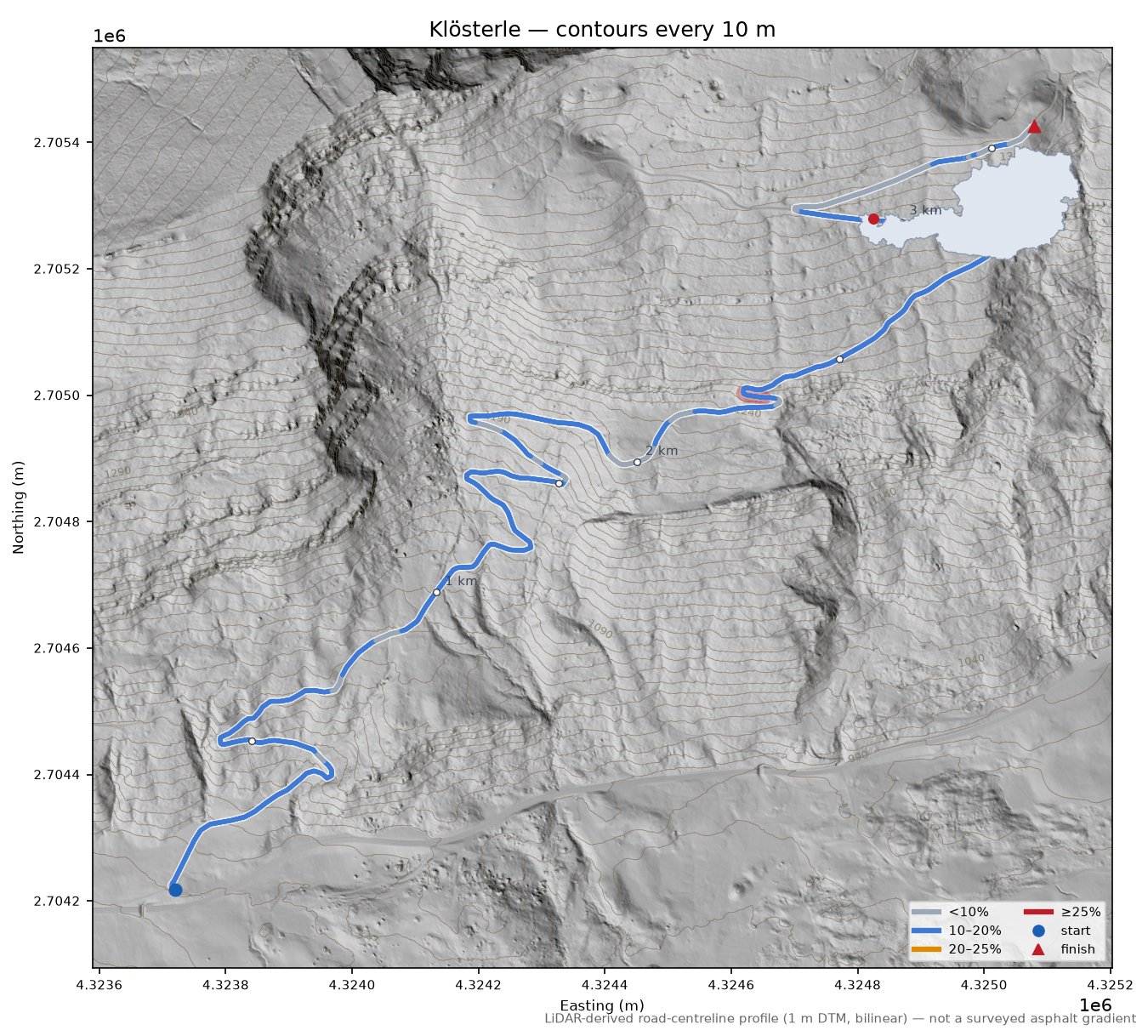 Klösterle LiDAR hillshade map with contours
