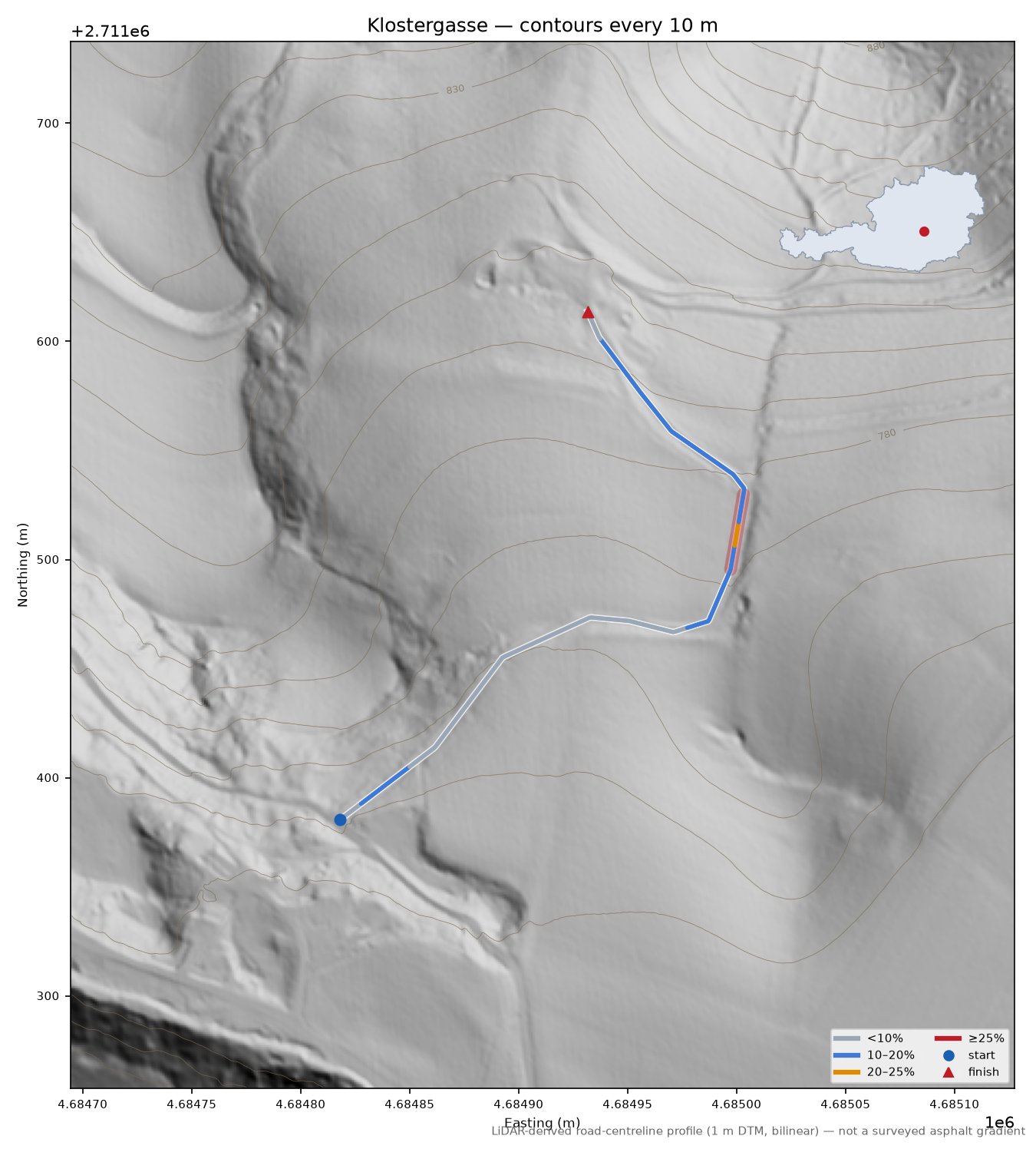Klostergasse LiDAR hillshade map with contours