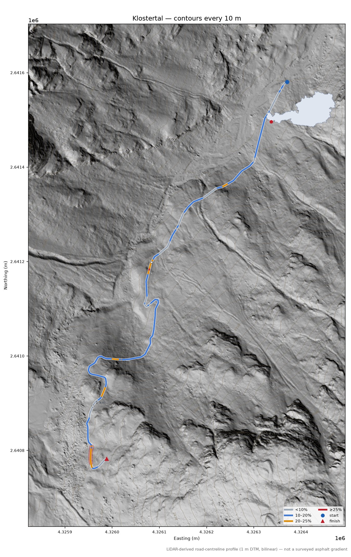 Klostertal LiDAR hillshade map with contours