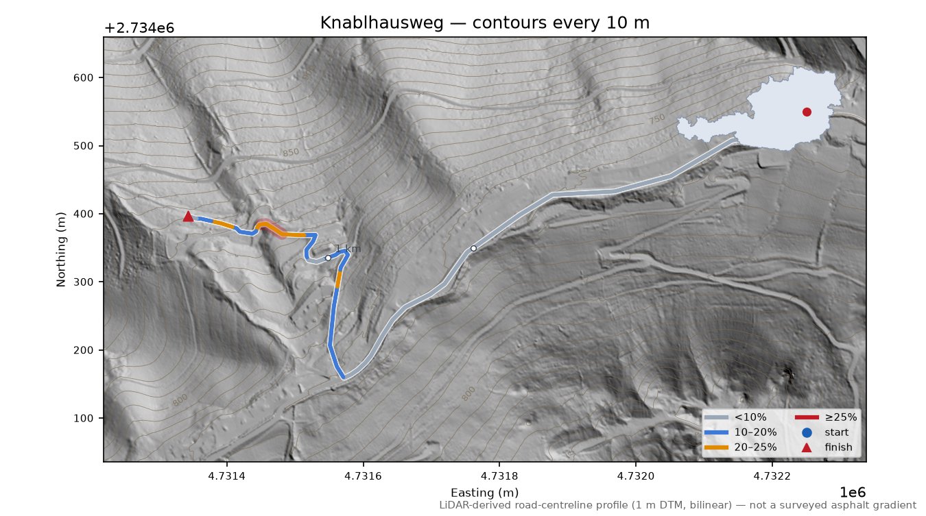 Knablhausweg LiDAR hillshade map with contours