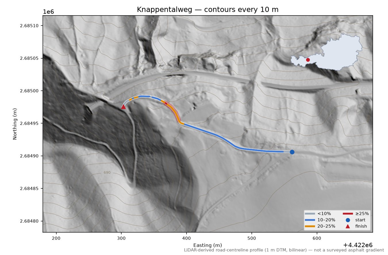 Knappentalweg LiDAR hillshade map with contours