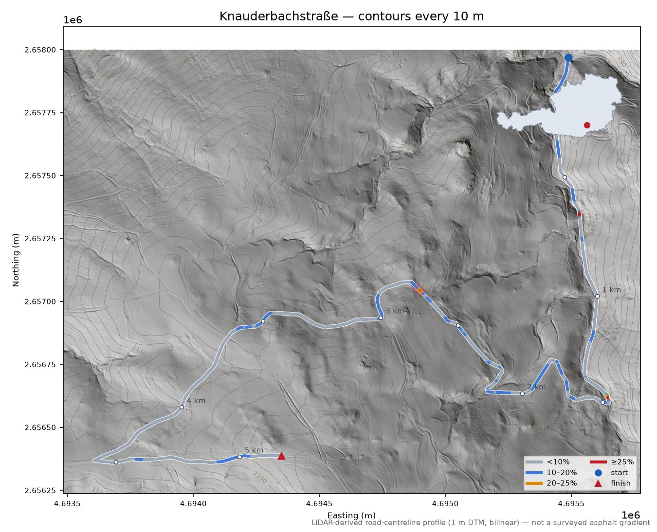 Knauderbachstraße LiDAR hillshade map with contours