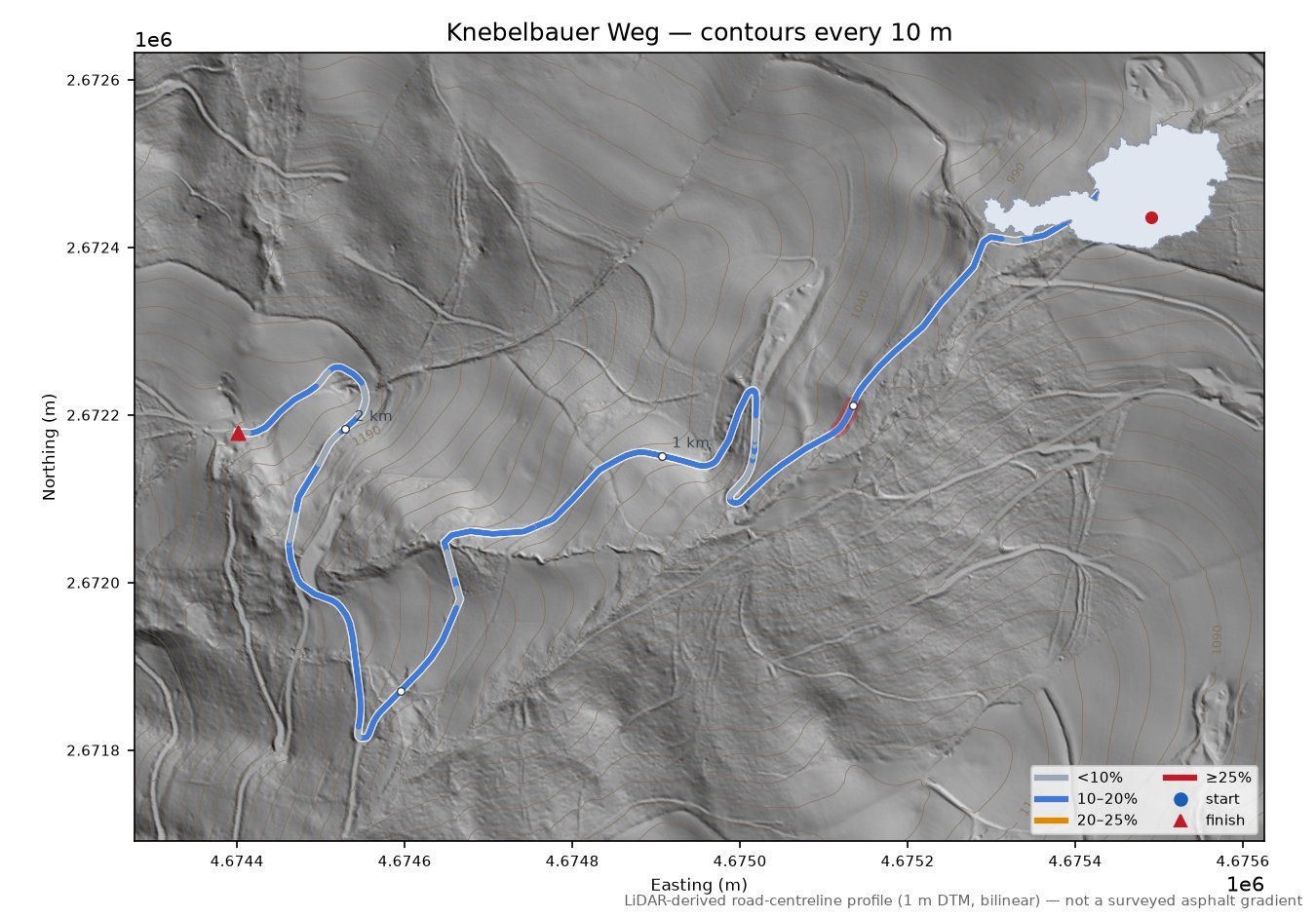 Knebelbauer Weg LiDAR hillshade map with contours