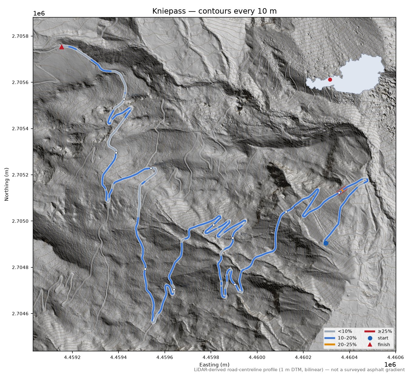 Kniepass LiDAR hillshade map with contours