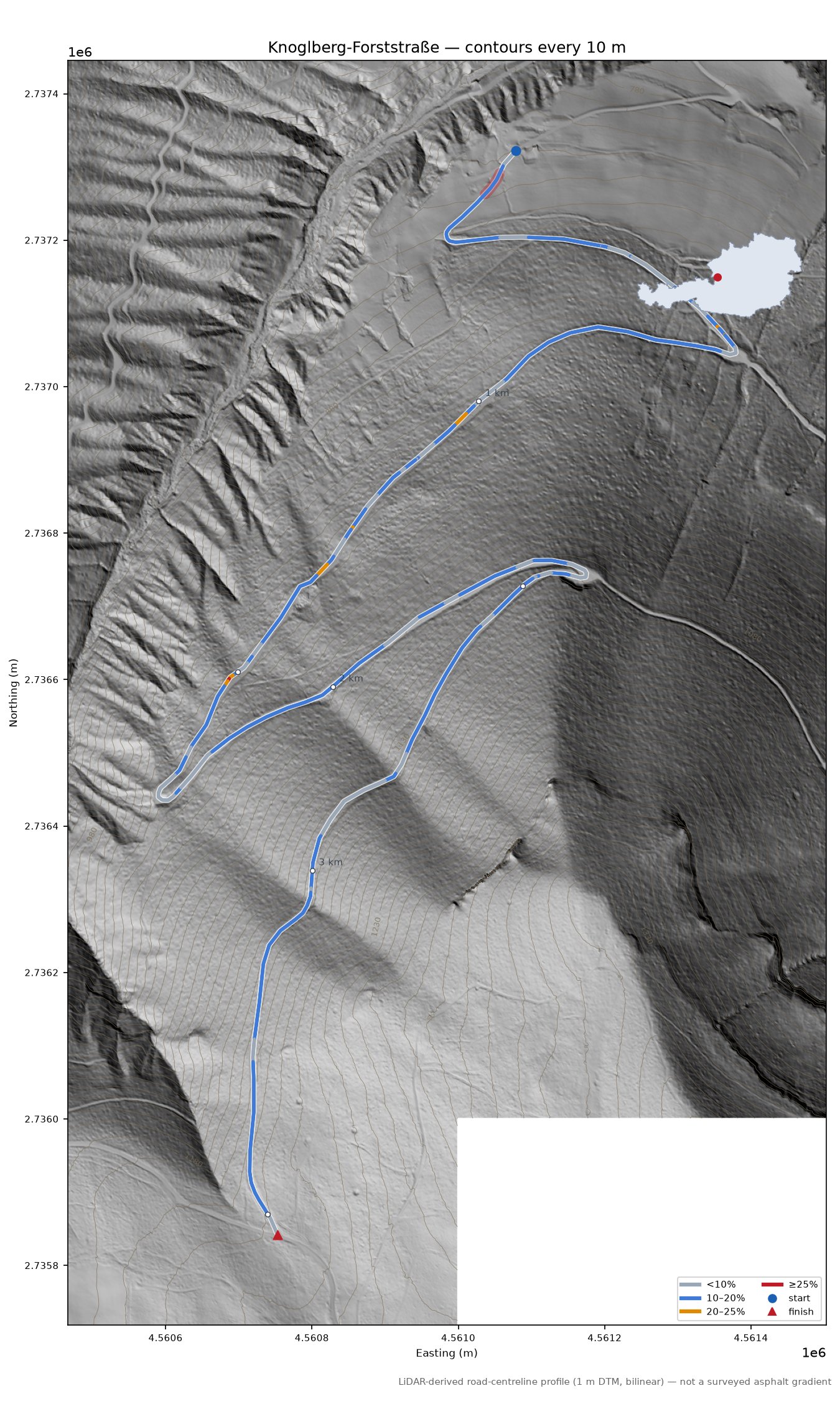 Knoglberg-Forststraße LiDAR hillshade map with contours