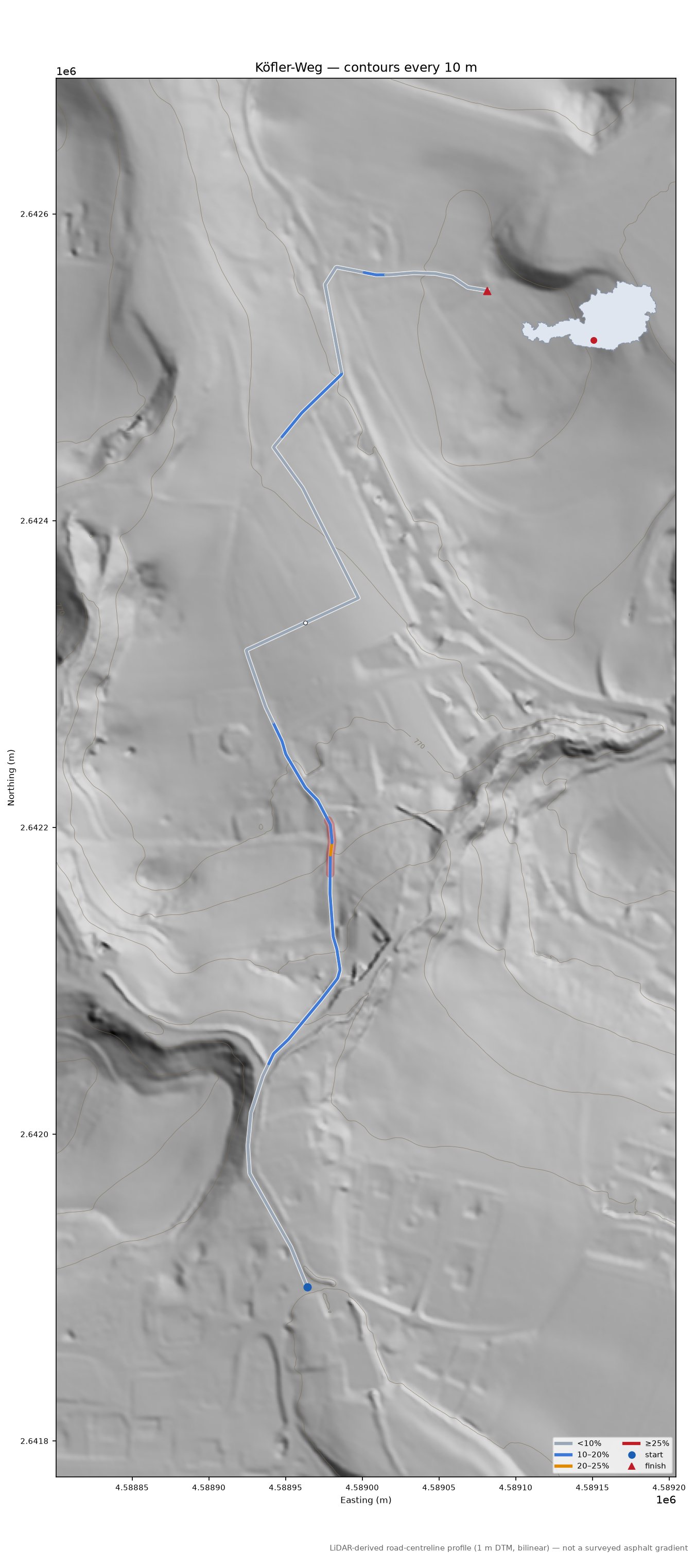 Köfler-Weg LiDAR hillshade map with contours