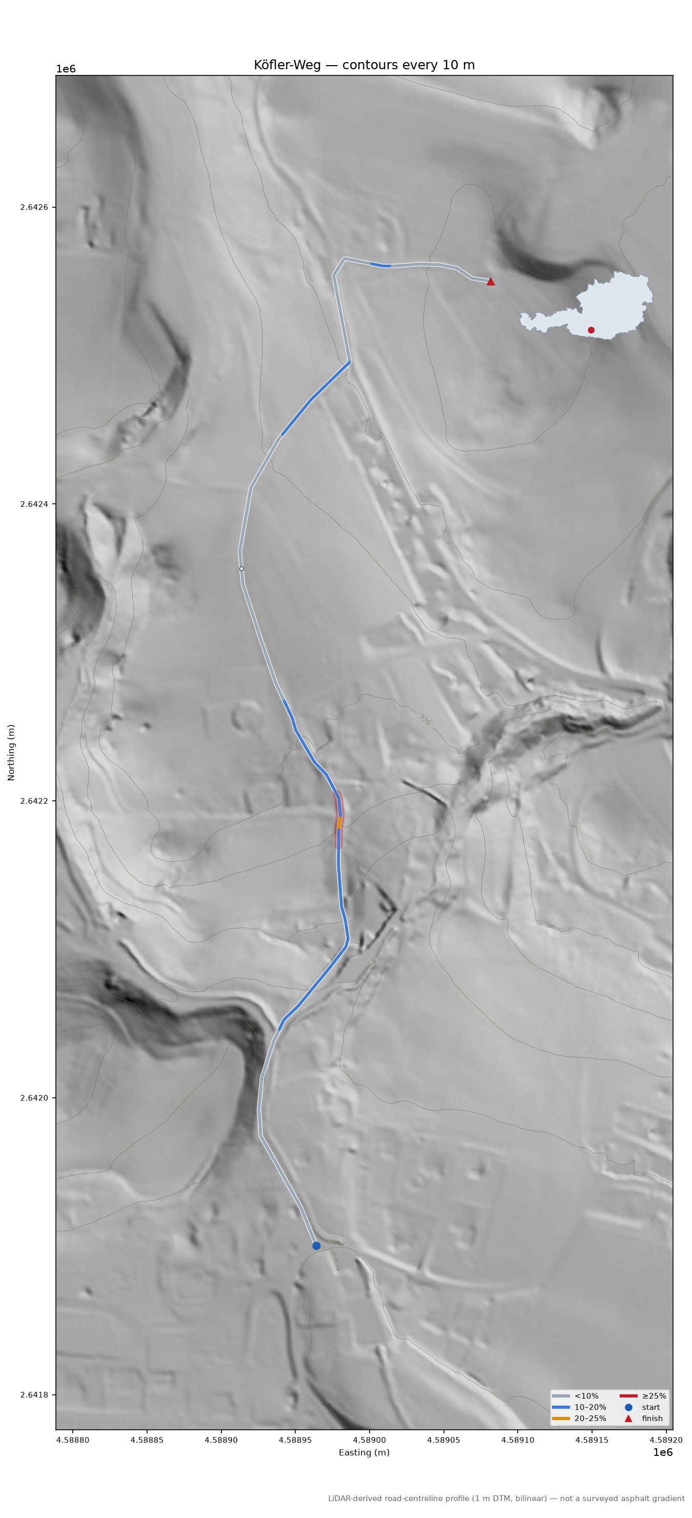 Köfler-Weg LiDAR hillshade map with contours