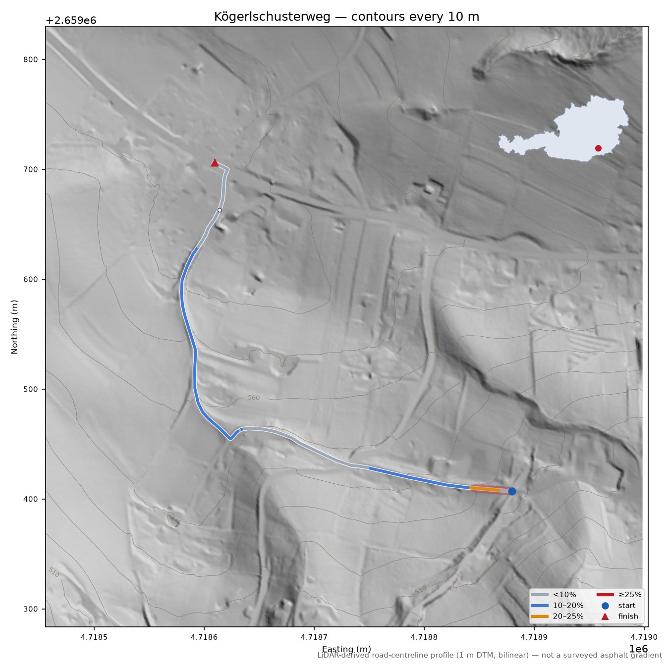 Kögerlschusterweg LiDAR hillshade map with contours