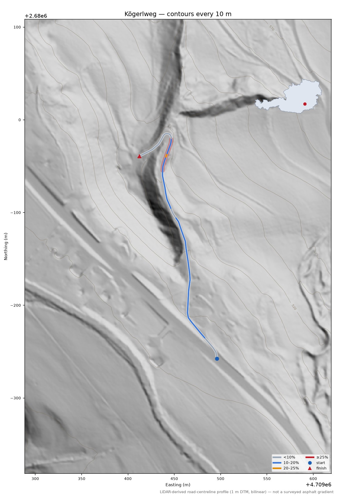 Kögerlweg LiDAR hillshade map with contours