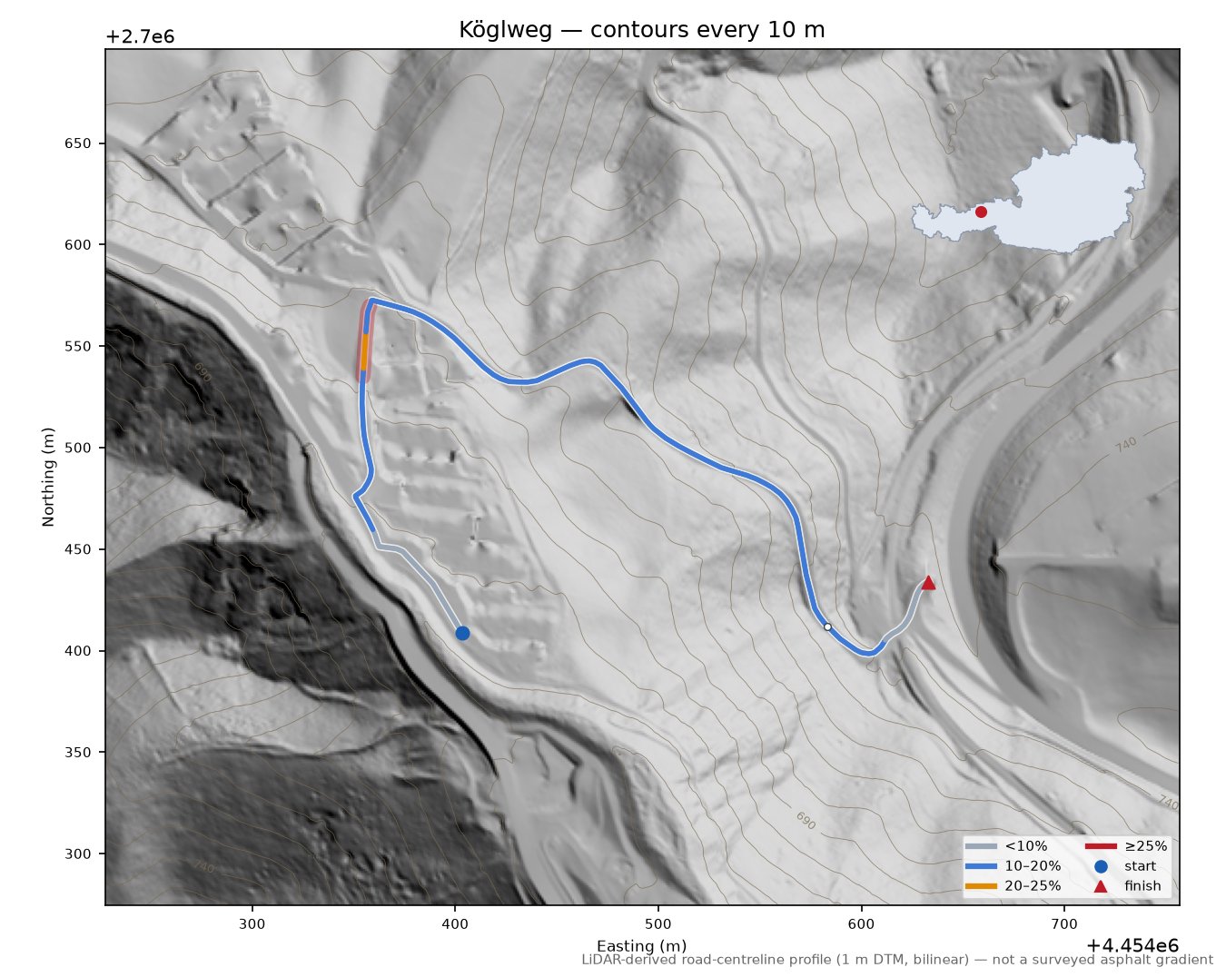Köglweg LiDAR hillshade map with contours