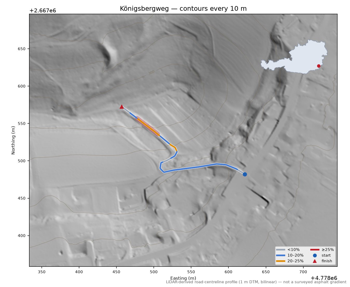Königsbergweg LiDAR hillshade map with contours