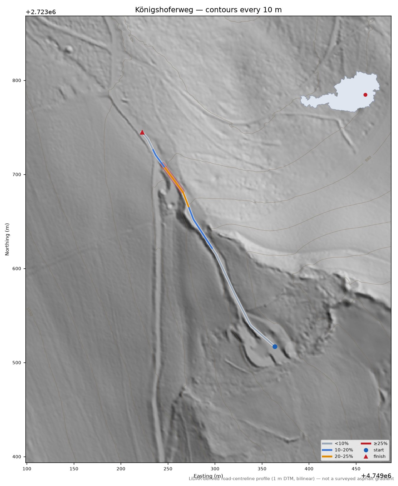 Königshoferweg LiDAR hillshade map with contours