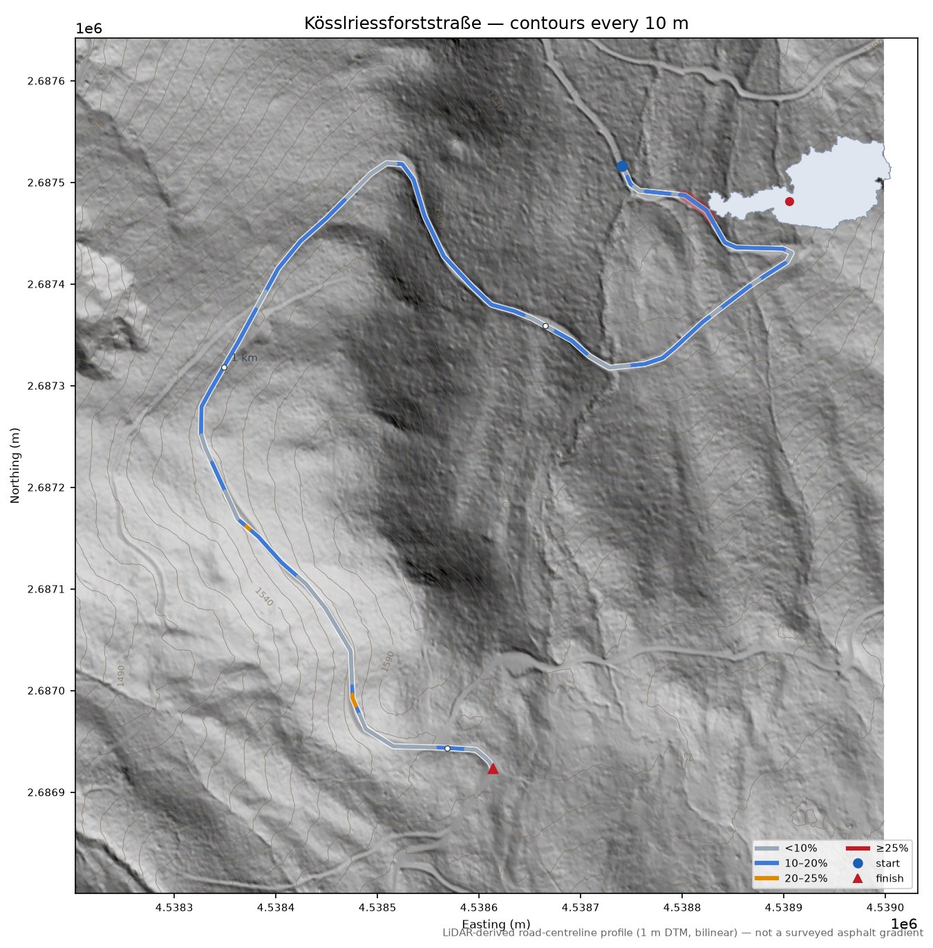 Kösslriessforststraße LiDAR hillshade map with contours