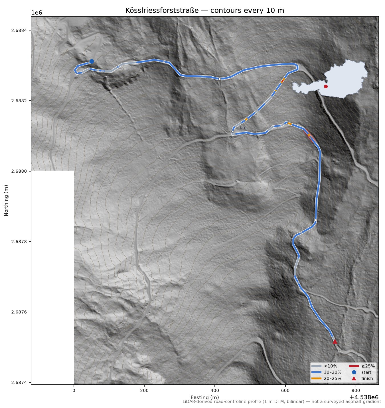 Kösslriessforststraße LiDAR hillshade map with contours