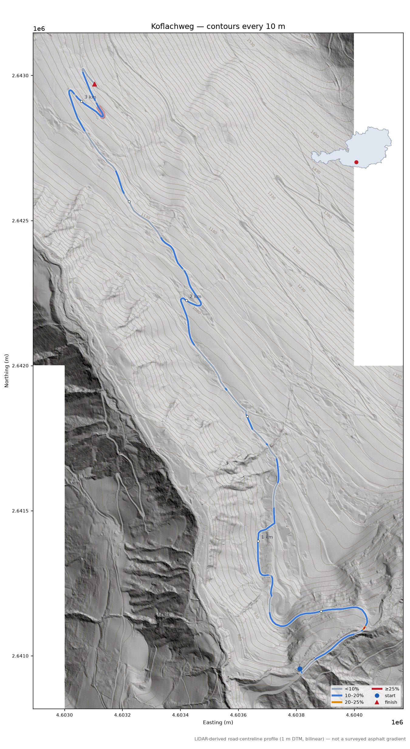 Koflachweg LiDAR hillshade map with contours