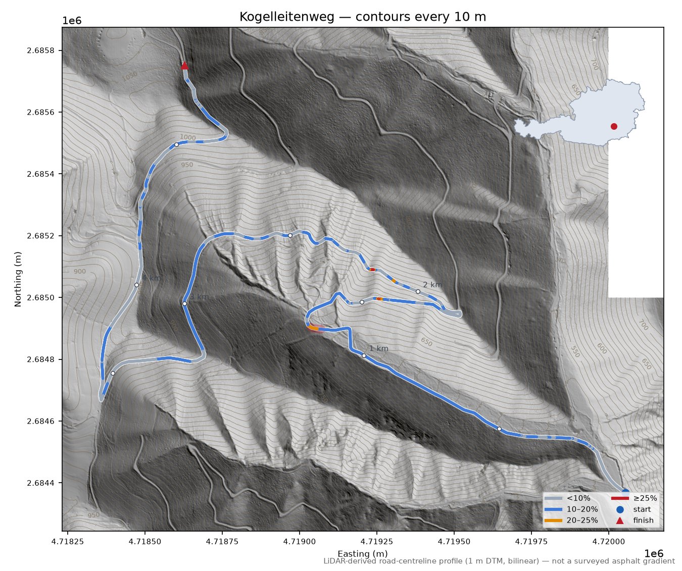 Kogelleitenweg LiDAR hillshade map with contours
