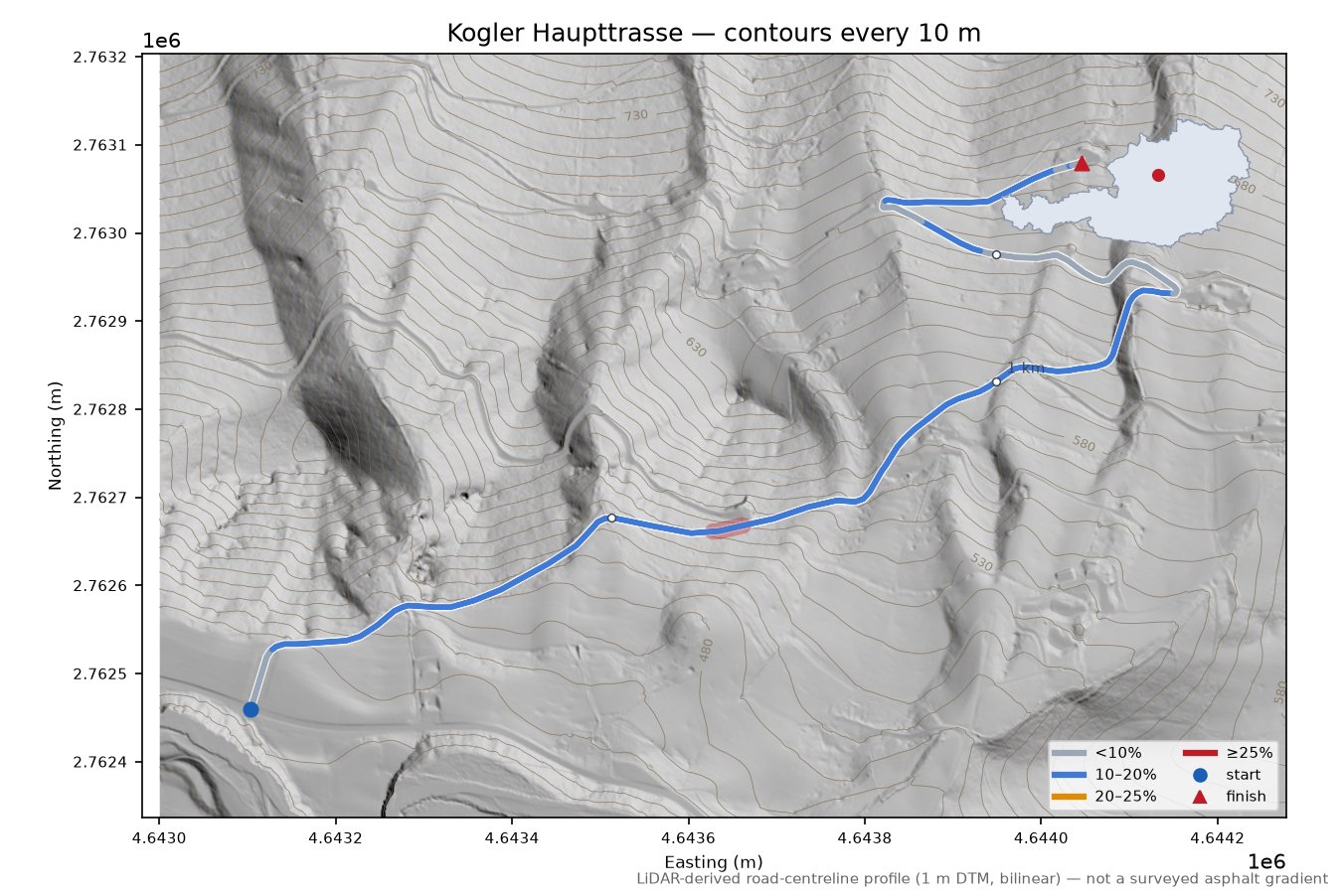 Kogler Haupttrasse LiDAR hillshade map with contours