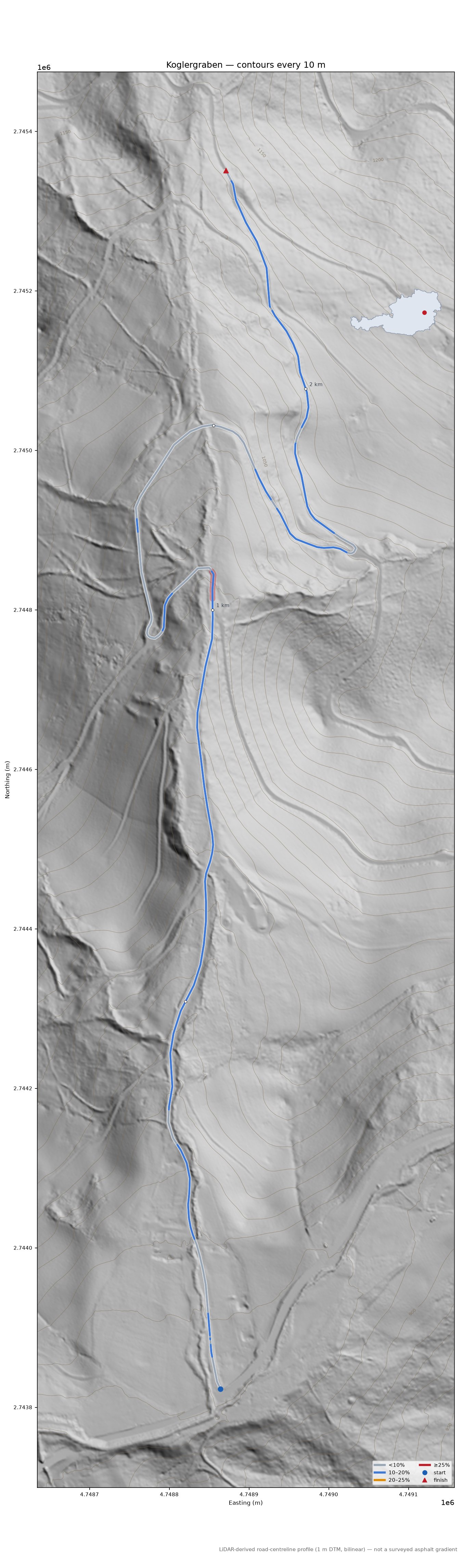 Koglergraben LiDAR hillshade map with contours