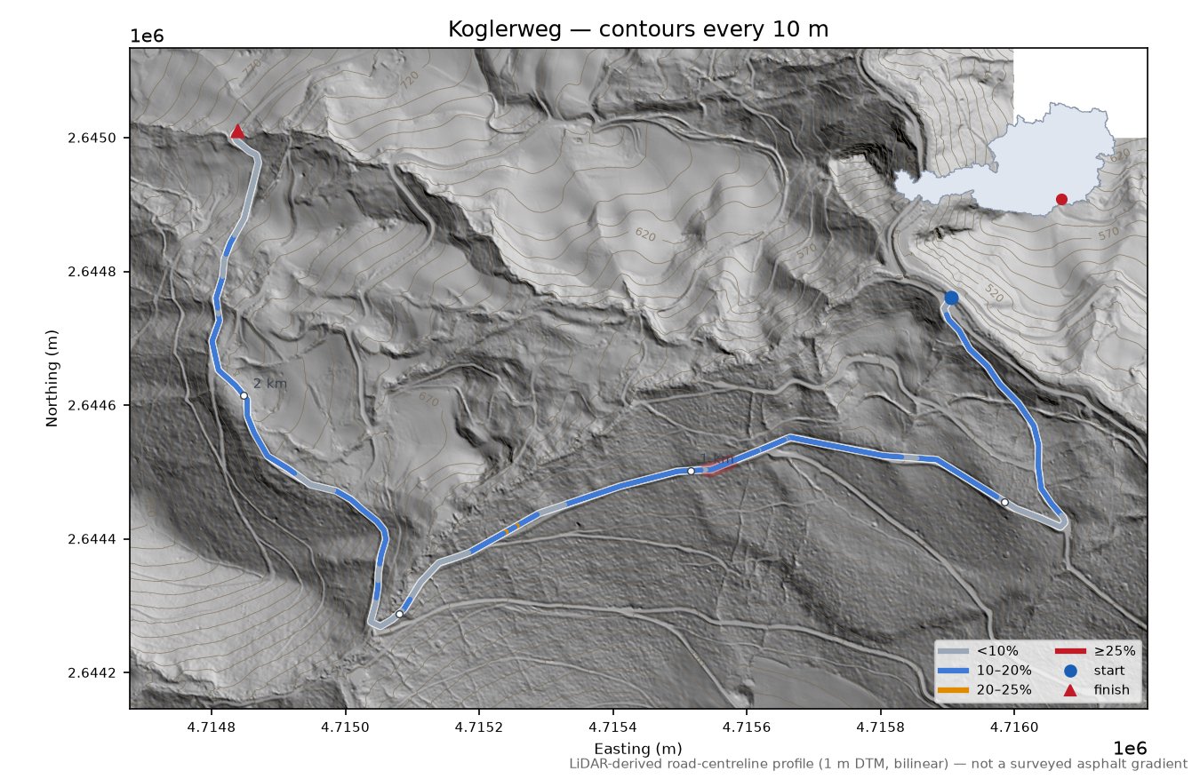Koglerweg LiDAR hillshade map with contours