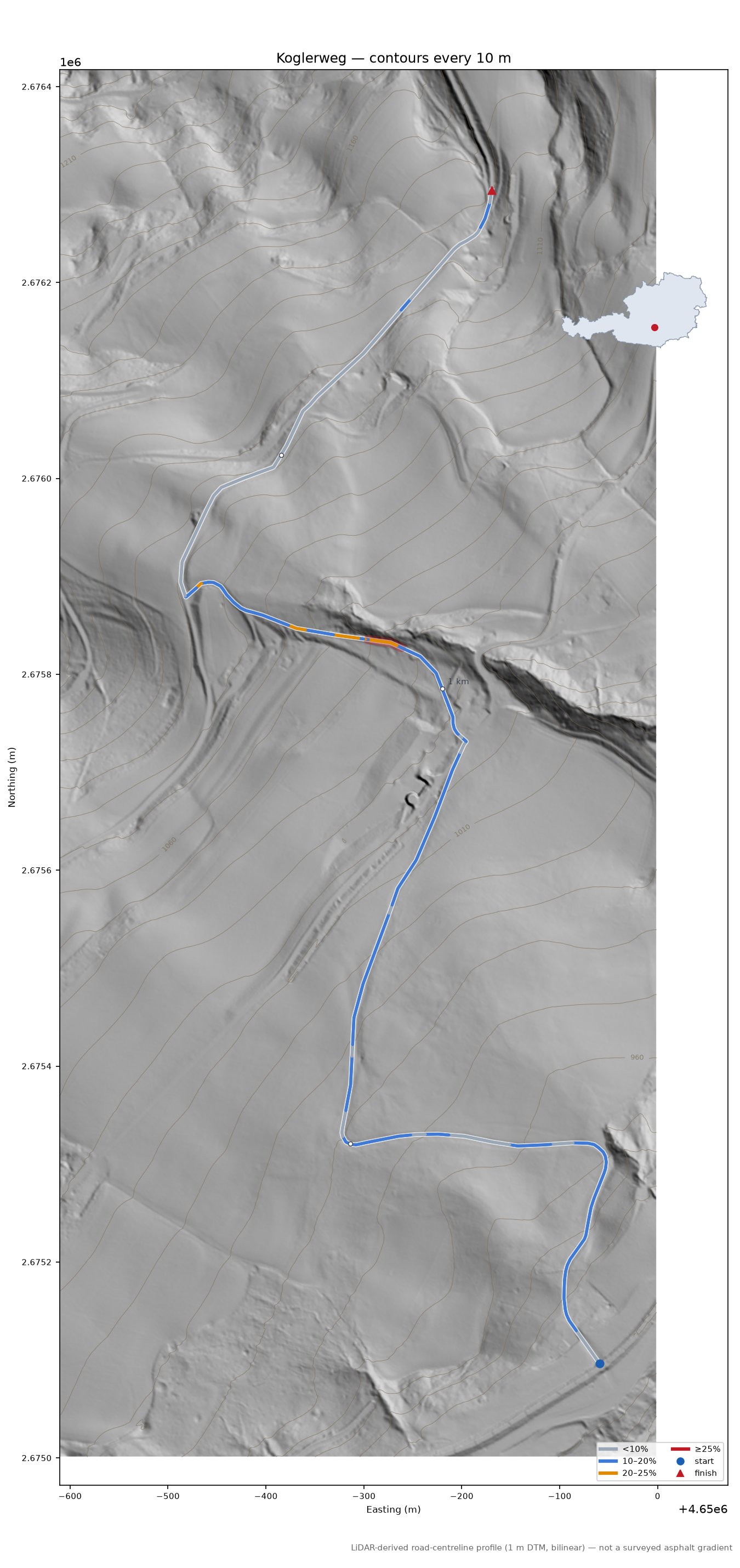 Koglerweg LiDAR hillshade map with contours