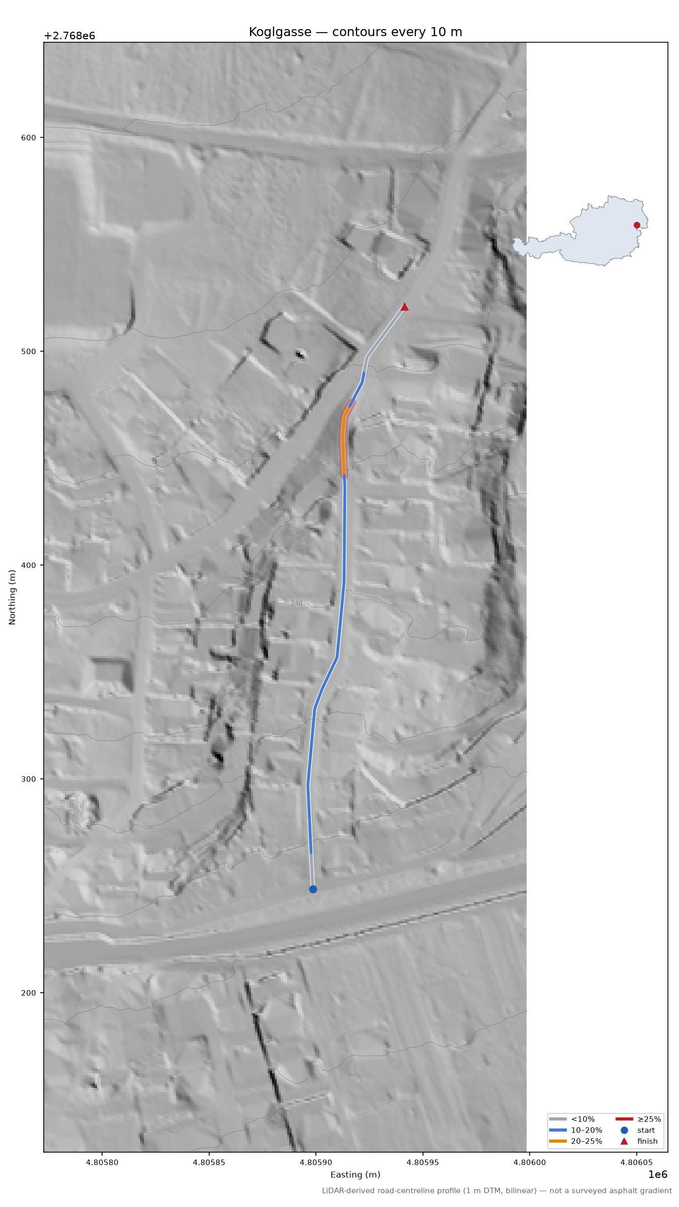 Koglgasse LiDAR hillshade map with contours