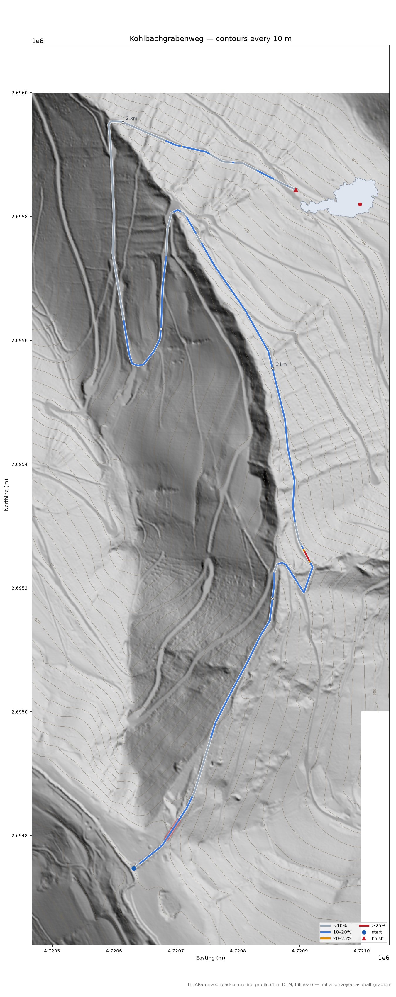 Kohlbachgrabenweg LiDAR hillshade map with contours