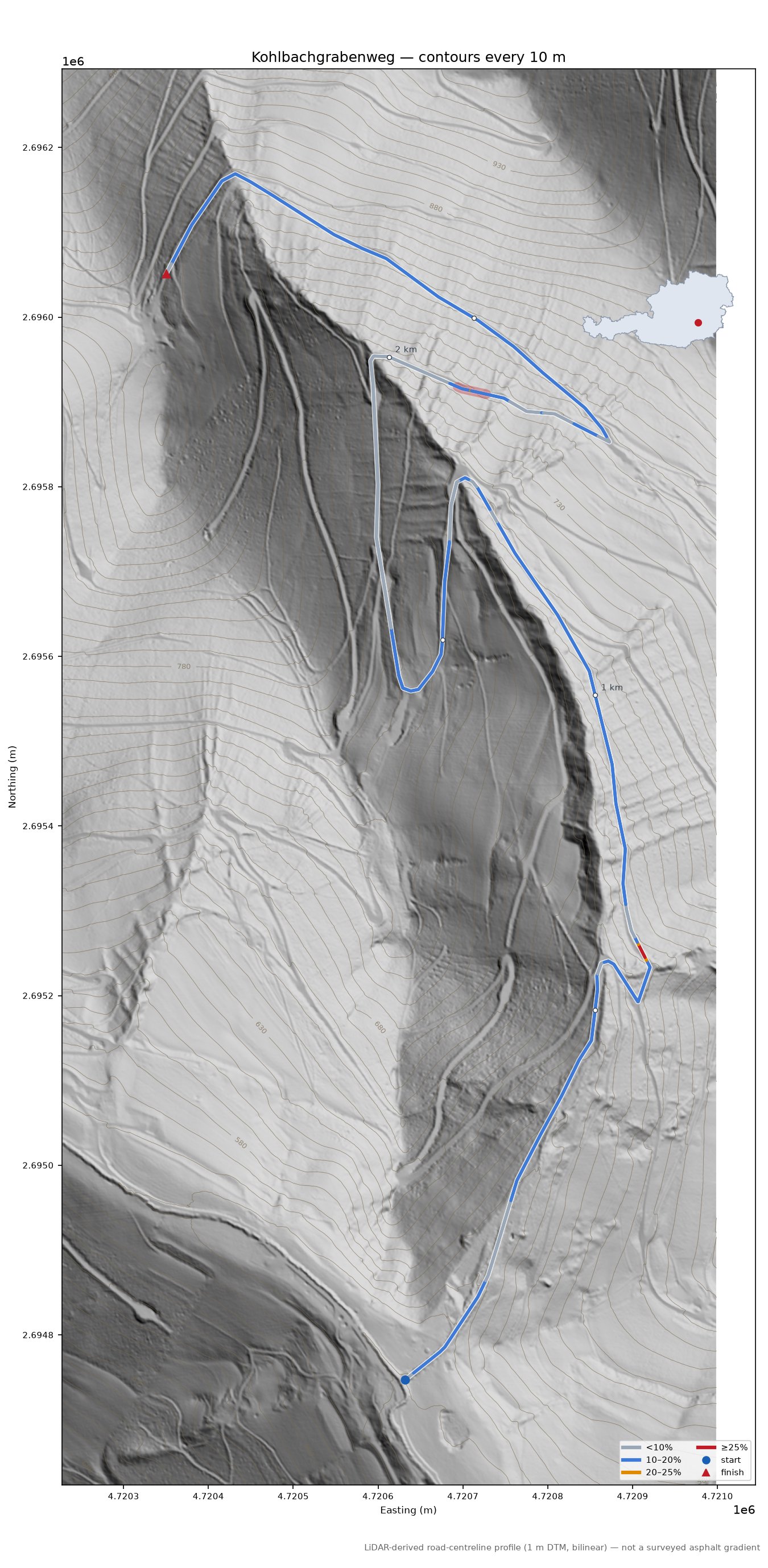 Kohlbachgrabenweg LiDAR hillshade map with contours