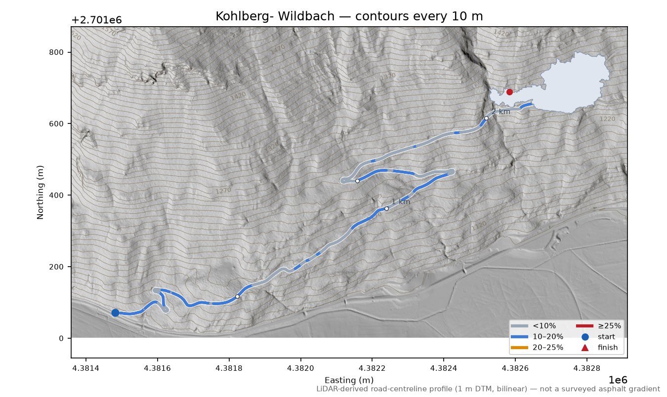 Kohlberg- Wildbach LiDAR hillshade map with contours