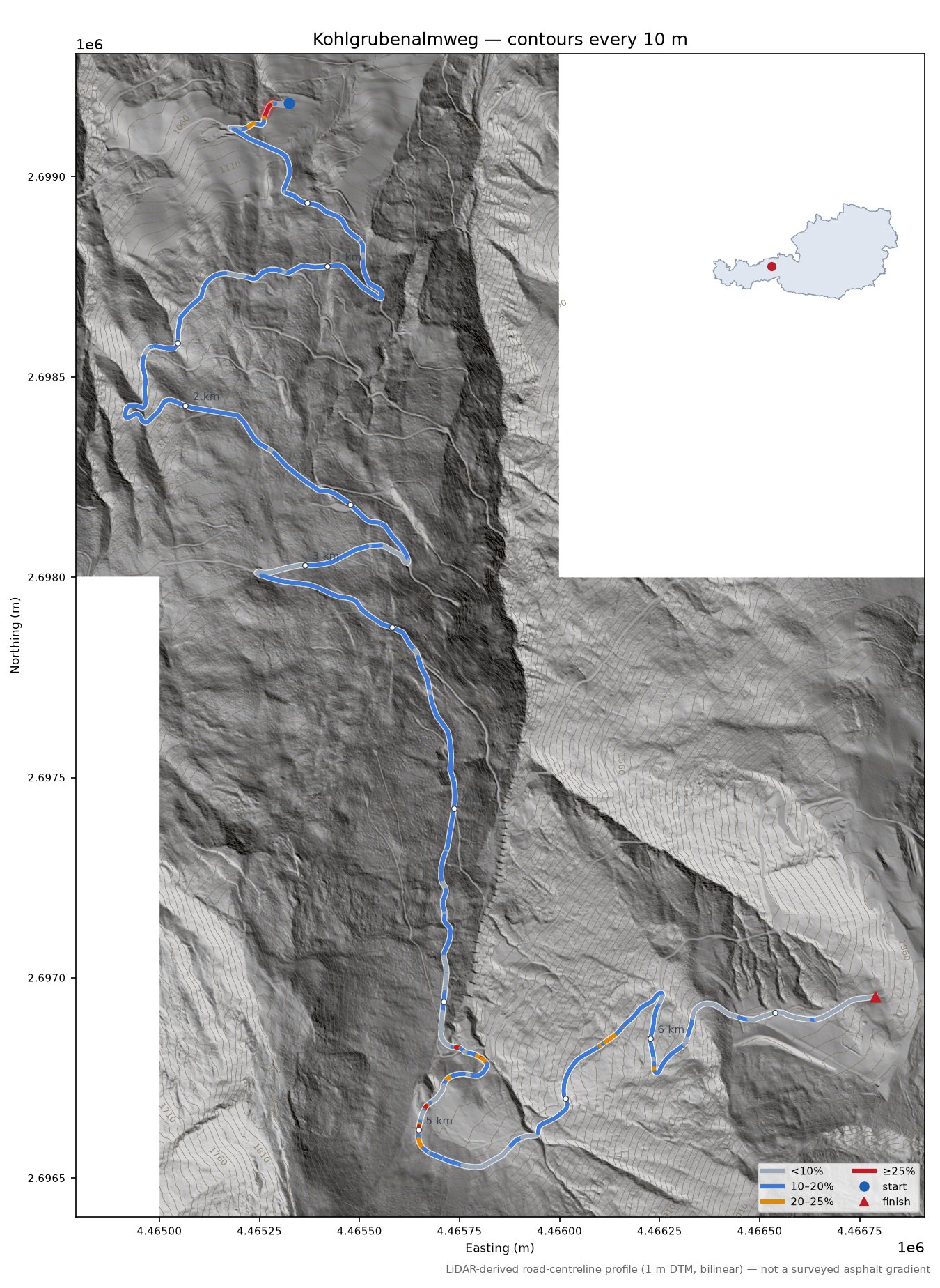 Kohlgrubenalmweg LiDAR hillshade map with contours