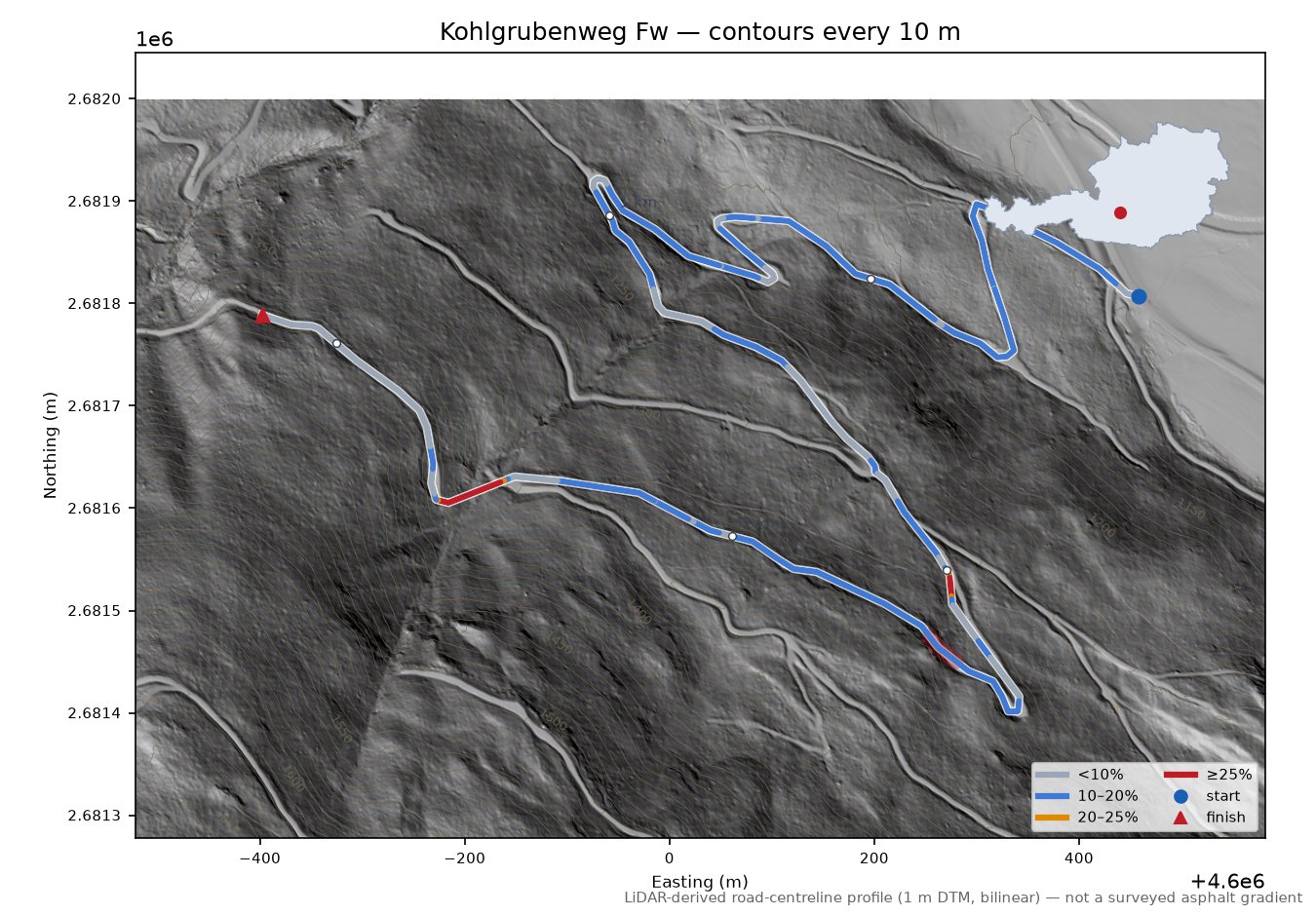 Kohlgrubenweg Fw LiDAR hillshade map with contours