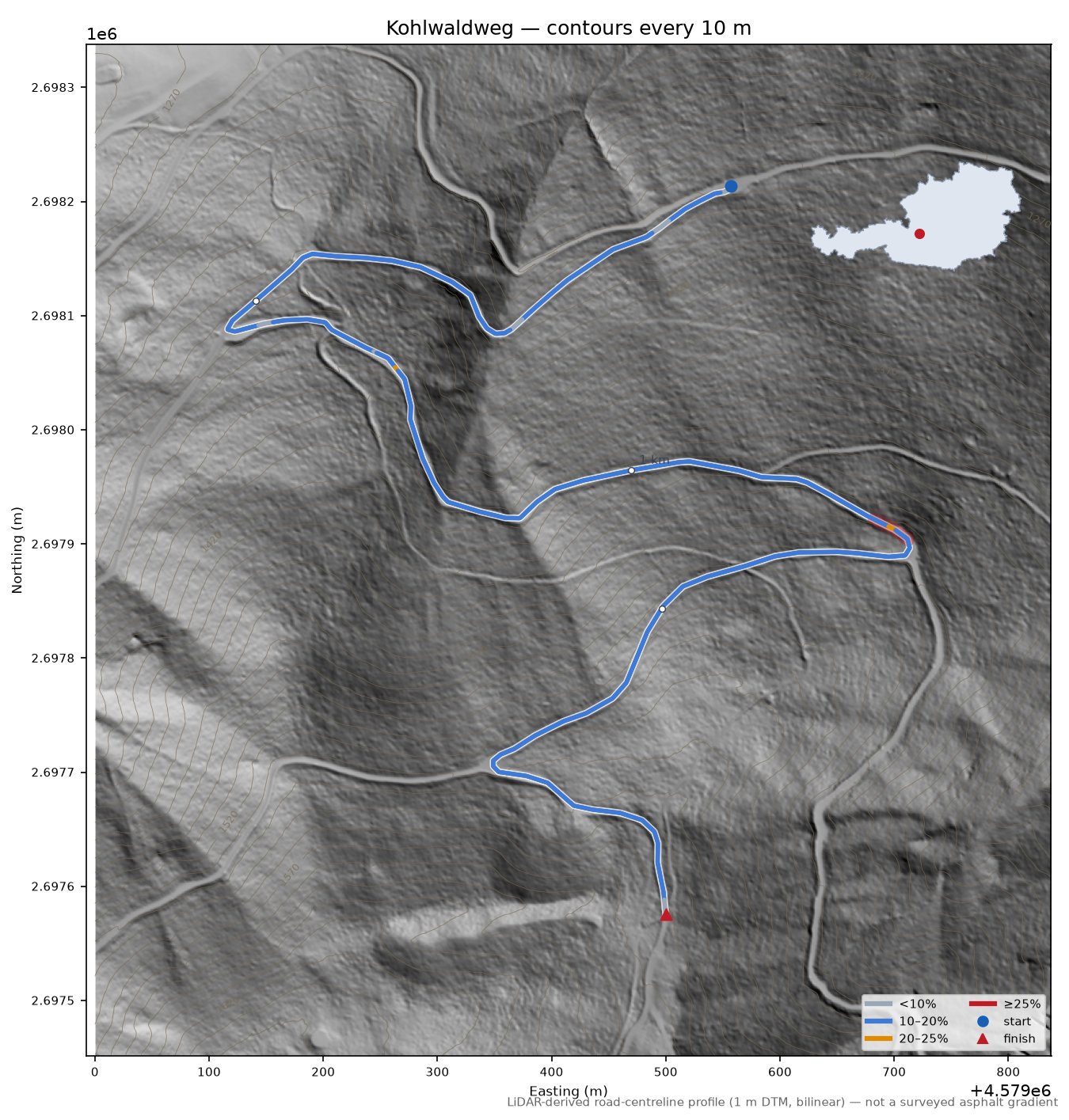 Kohlwaldweg LiDAR hillshade map with contours