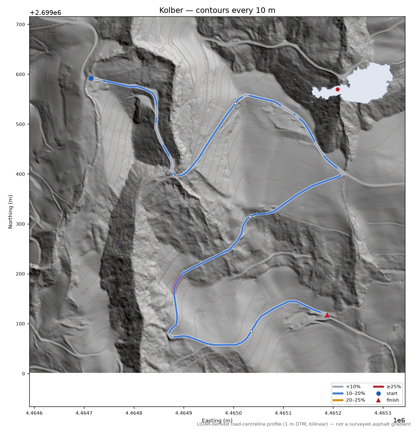 Kolber LiDAR hillshade map with contours