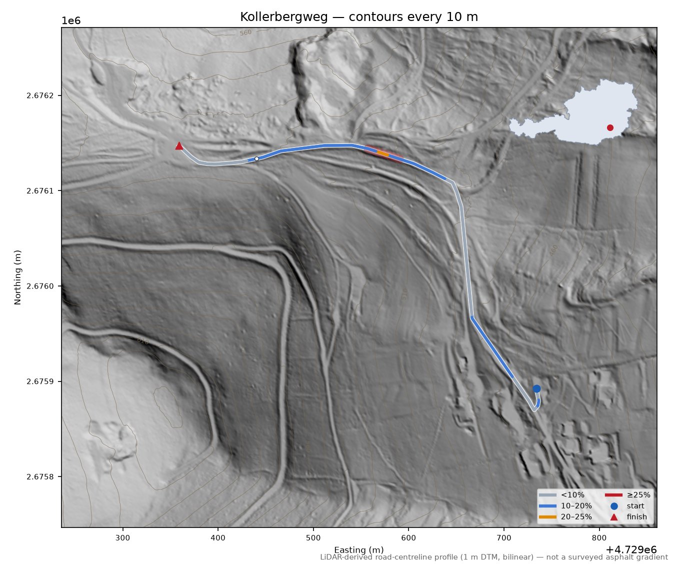 Kollerbergweg LiDAR hillshade map with contours