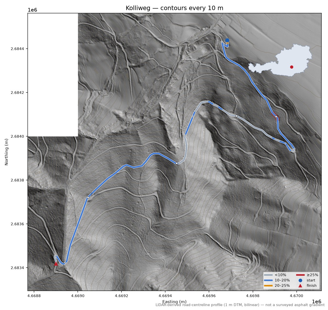 Kolliweg LiDAR hillshade map with contours