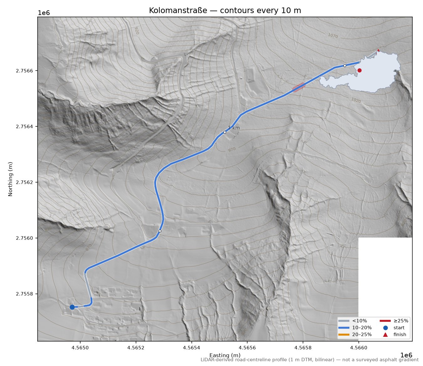 Kolomanstraße LiDAR hillshade map with contours