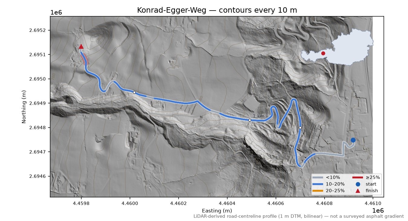 Konrad-Egger-Weg LiDAR hillshade map with contours