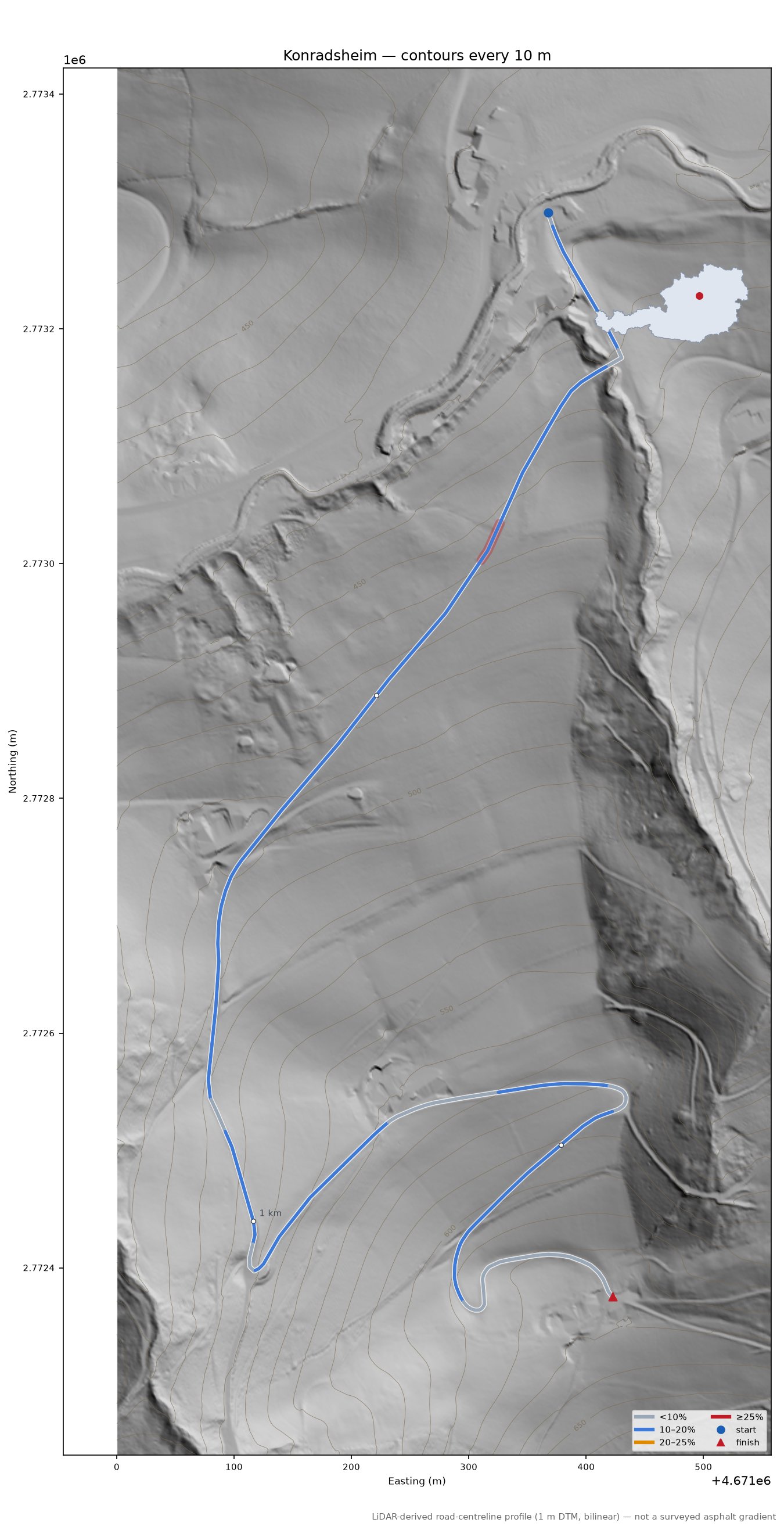 Konradsheim LiDAR hillshade map with contours