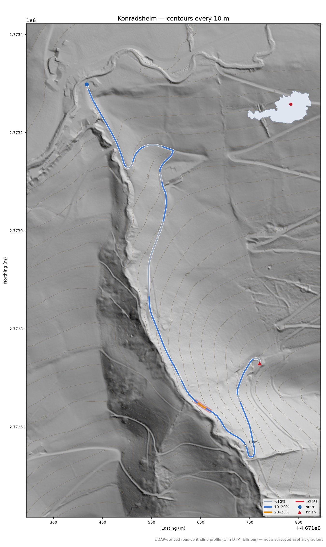 Konradsheim LiDAR hillshade map with contours