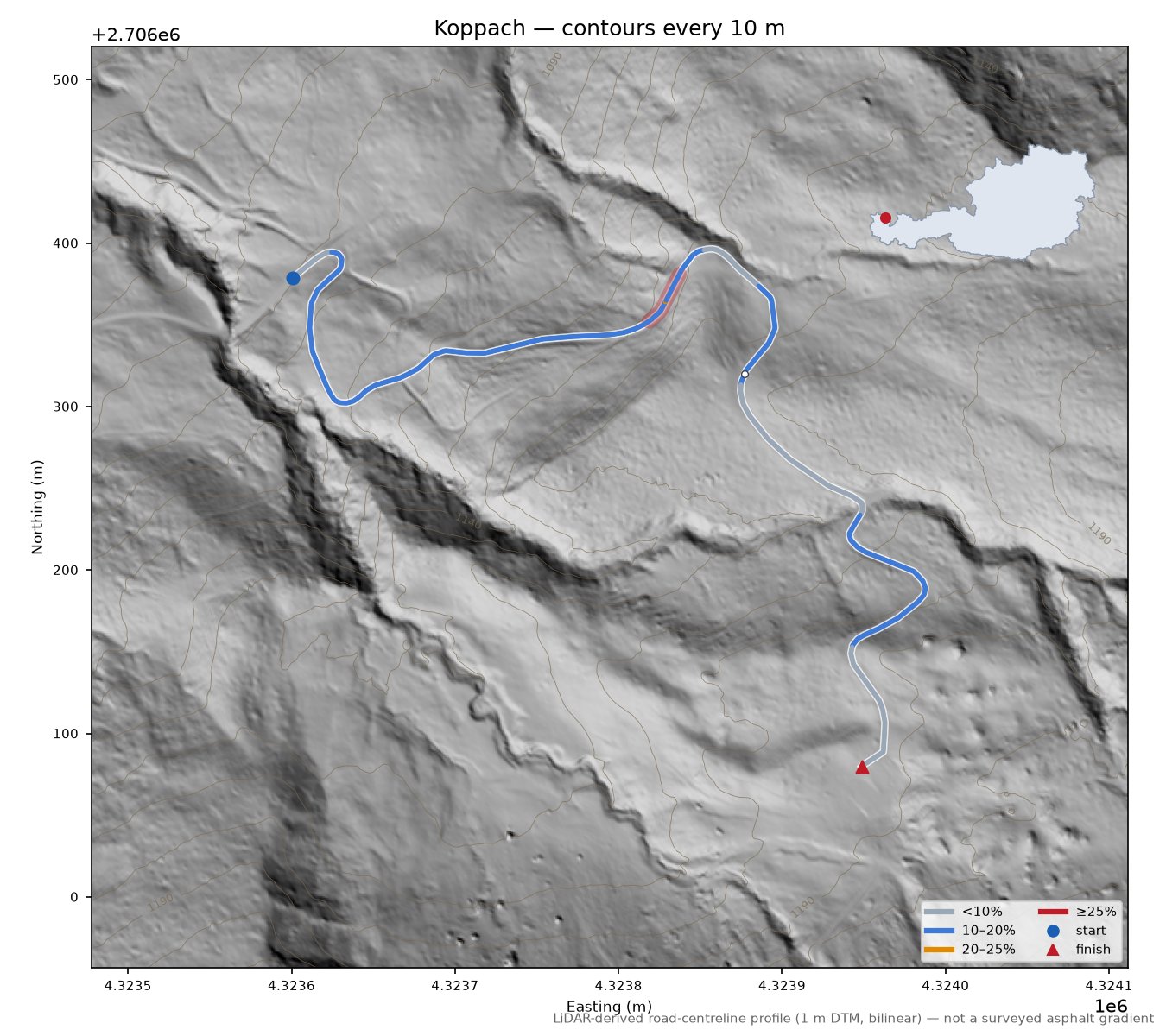Koppach LiDAR hillshade map with contours
