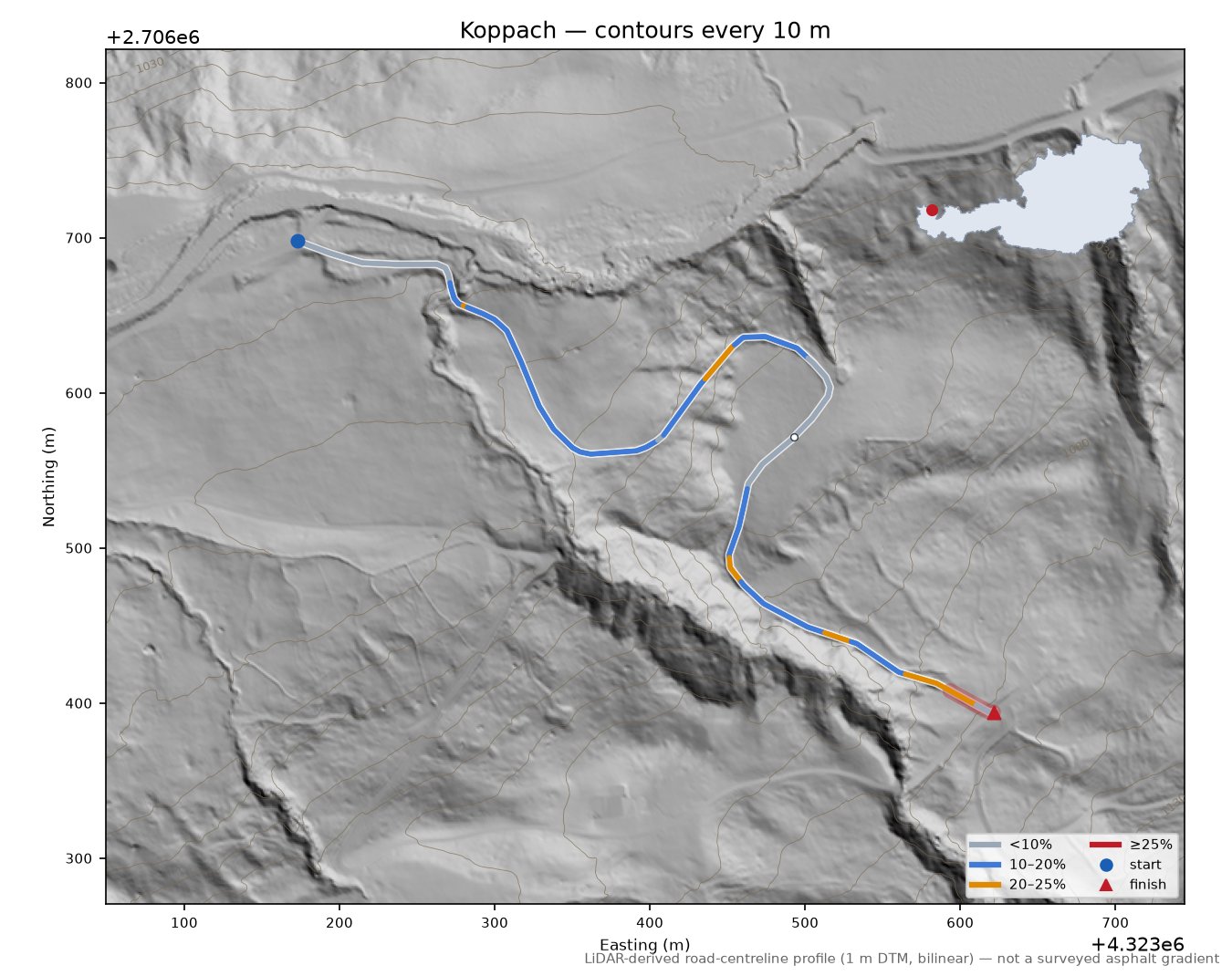 Koppach LiDAR hillshade map with contours
