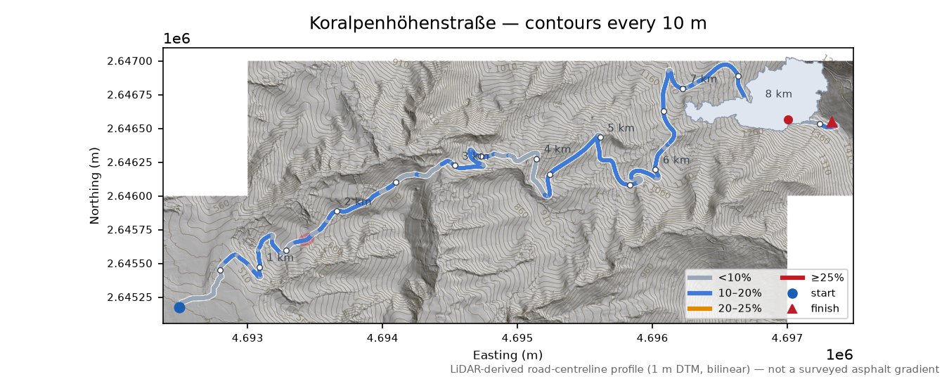 Koralpenhöhenstraße LiDAR hillshade map with contours