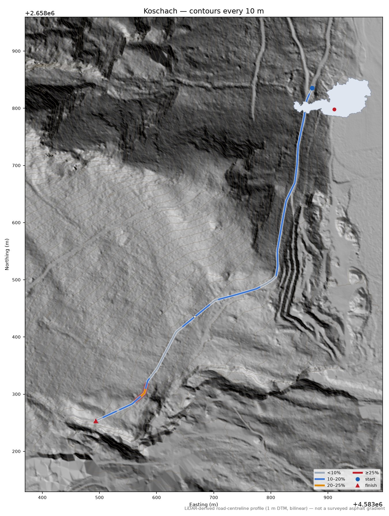 Koschach LiDAR hillshade map with contours