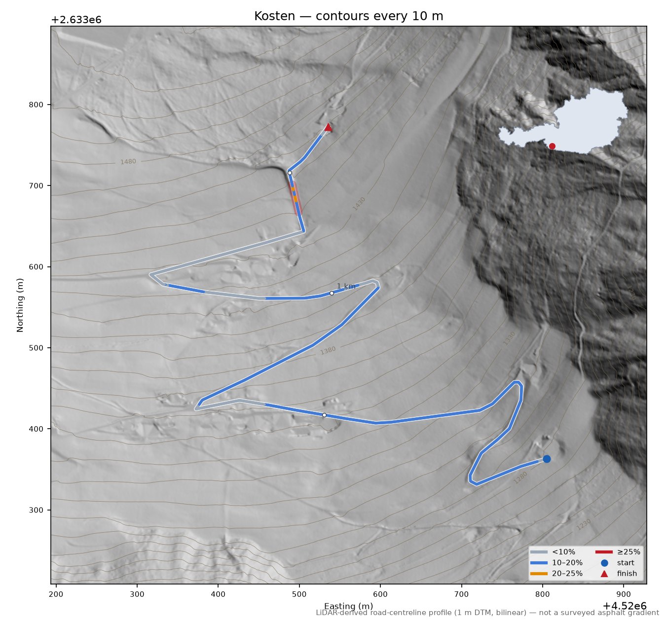 Kosten LiDAR hillshade map with contours