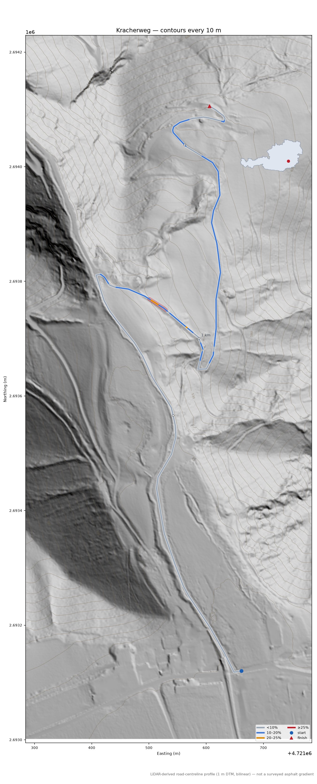 Kracherweg LiDAR hillshade map with contours