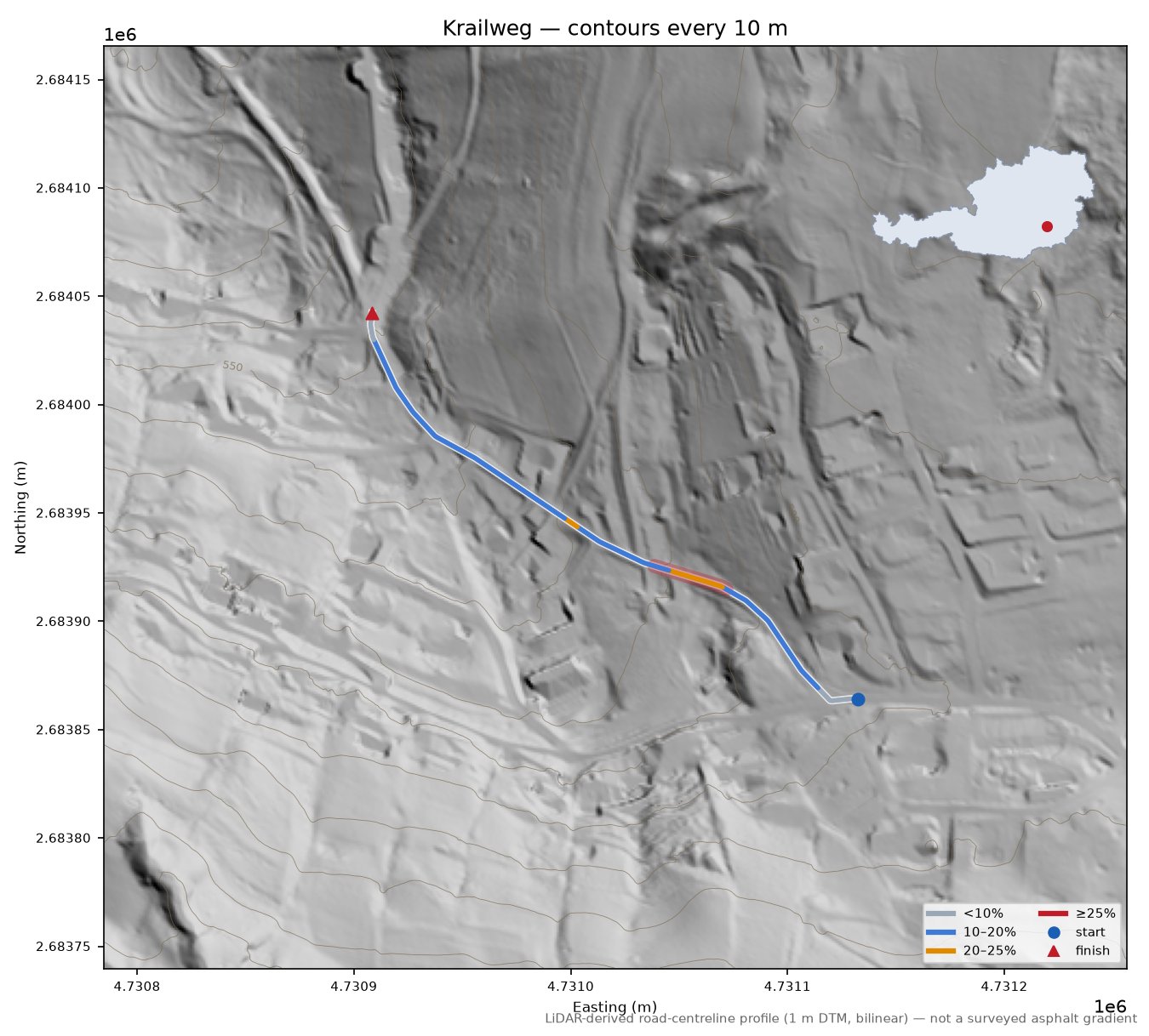 Krailweg LiDAR hillshade map with contours
