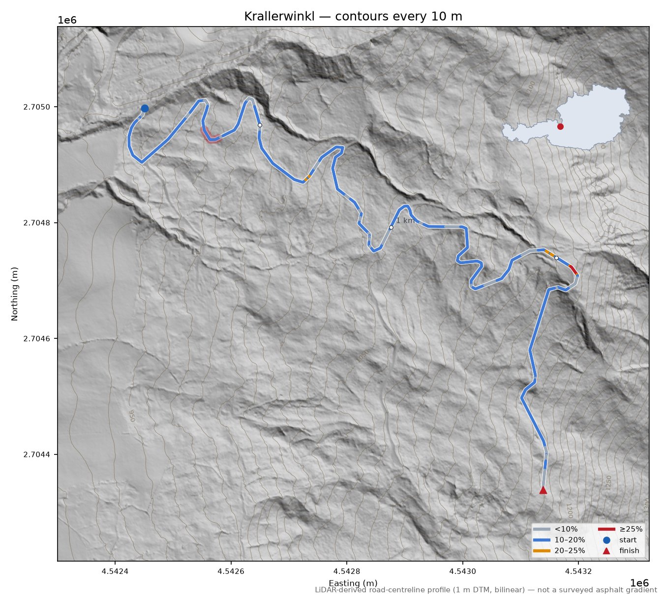 Krallerwinkl LiDAR hillshade map with contours