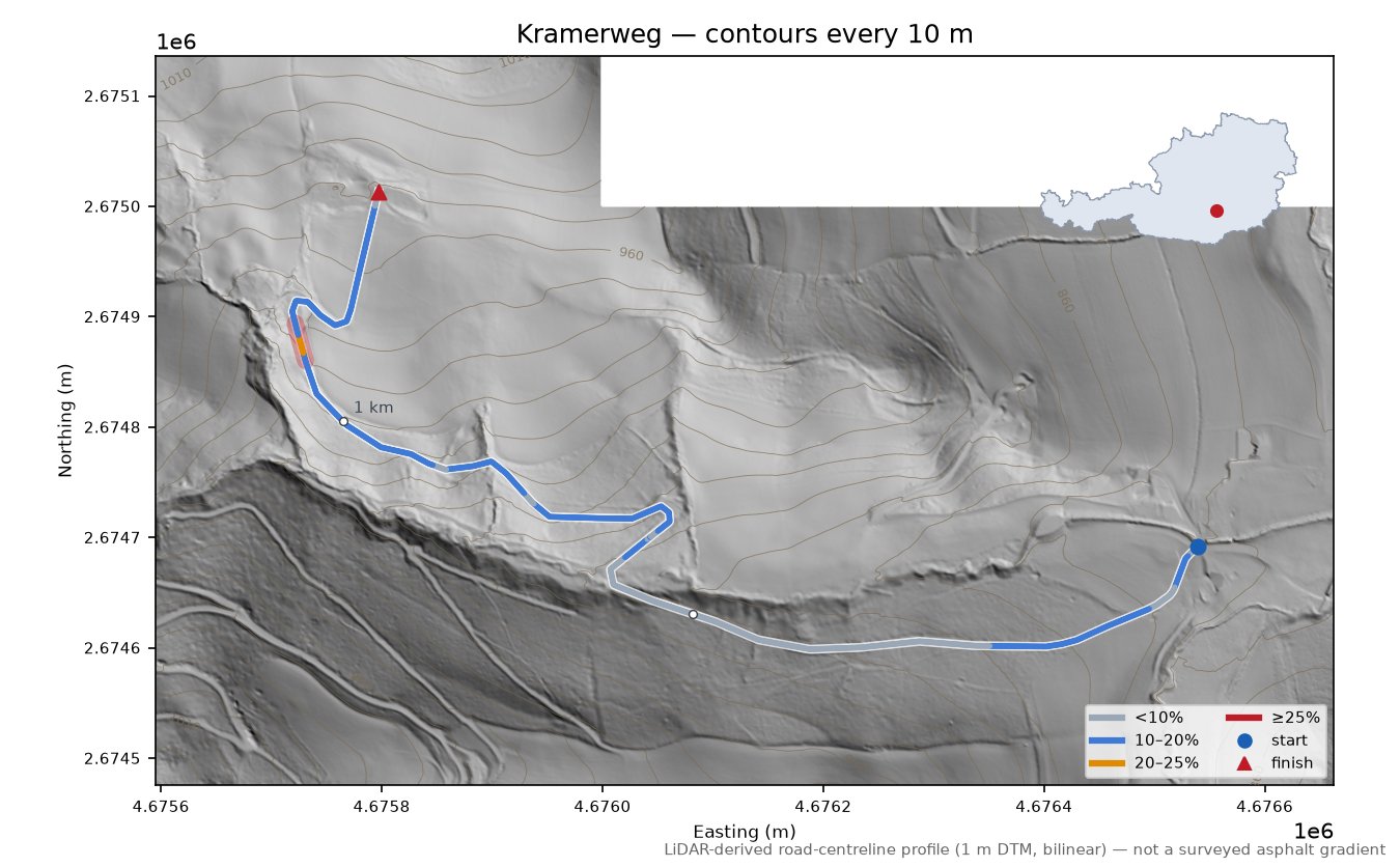 Kramerweg LiDAR hillshade map with contours